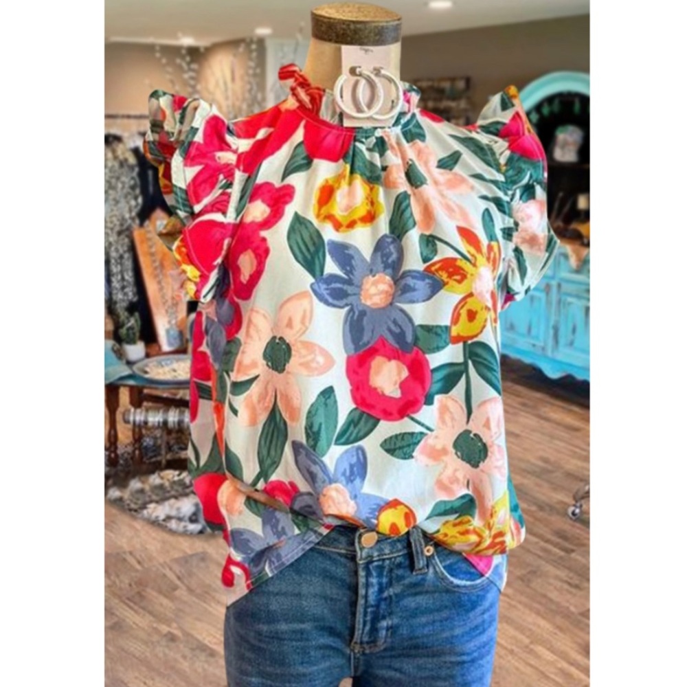 XL Floral Print Ruffled Top